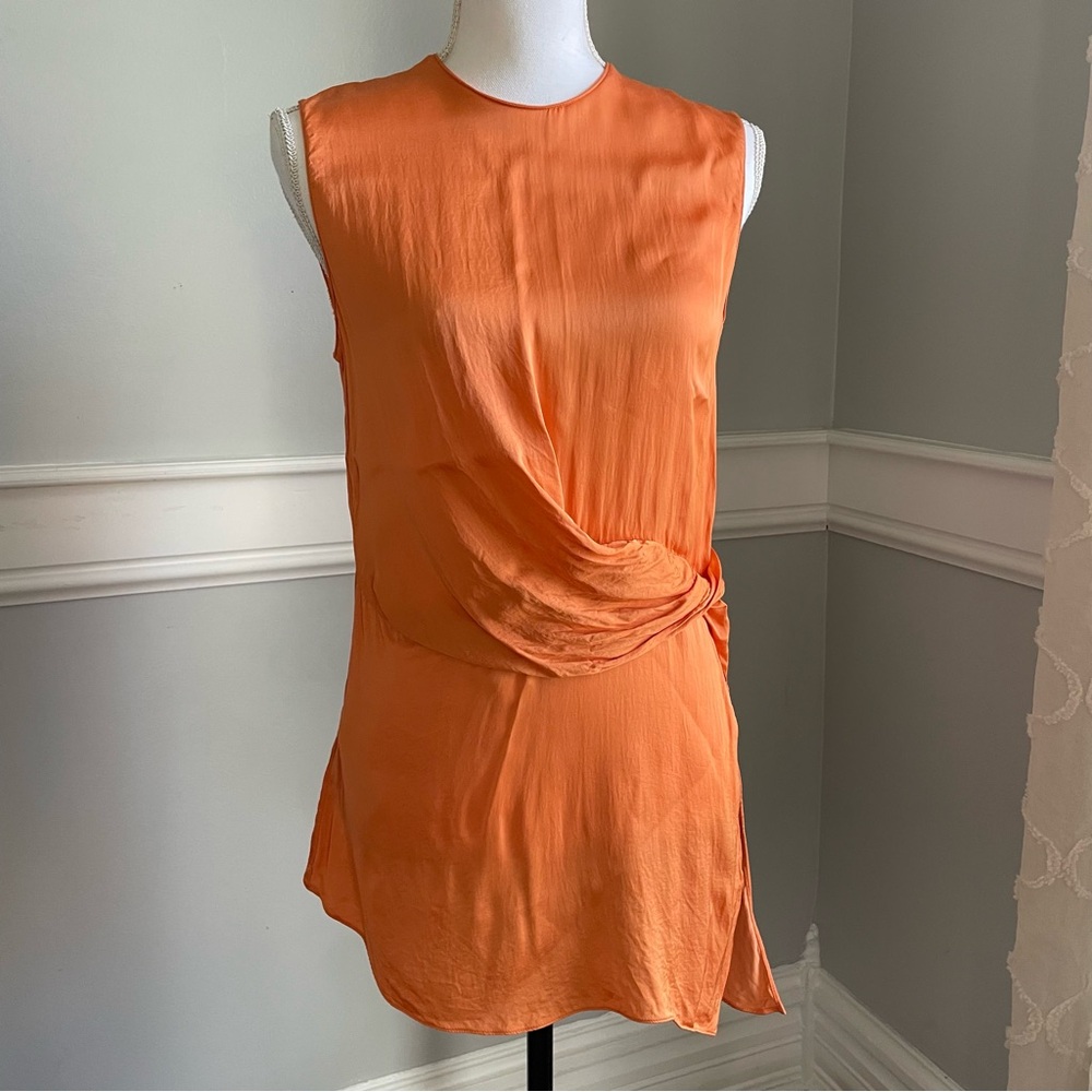 MNG Mango Vibrant Orange Asymmetrical Draped Satin Shirt Size M Split Side